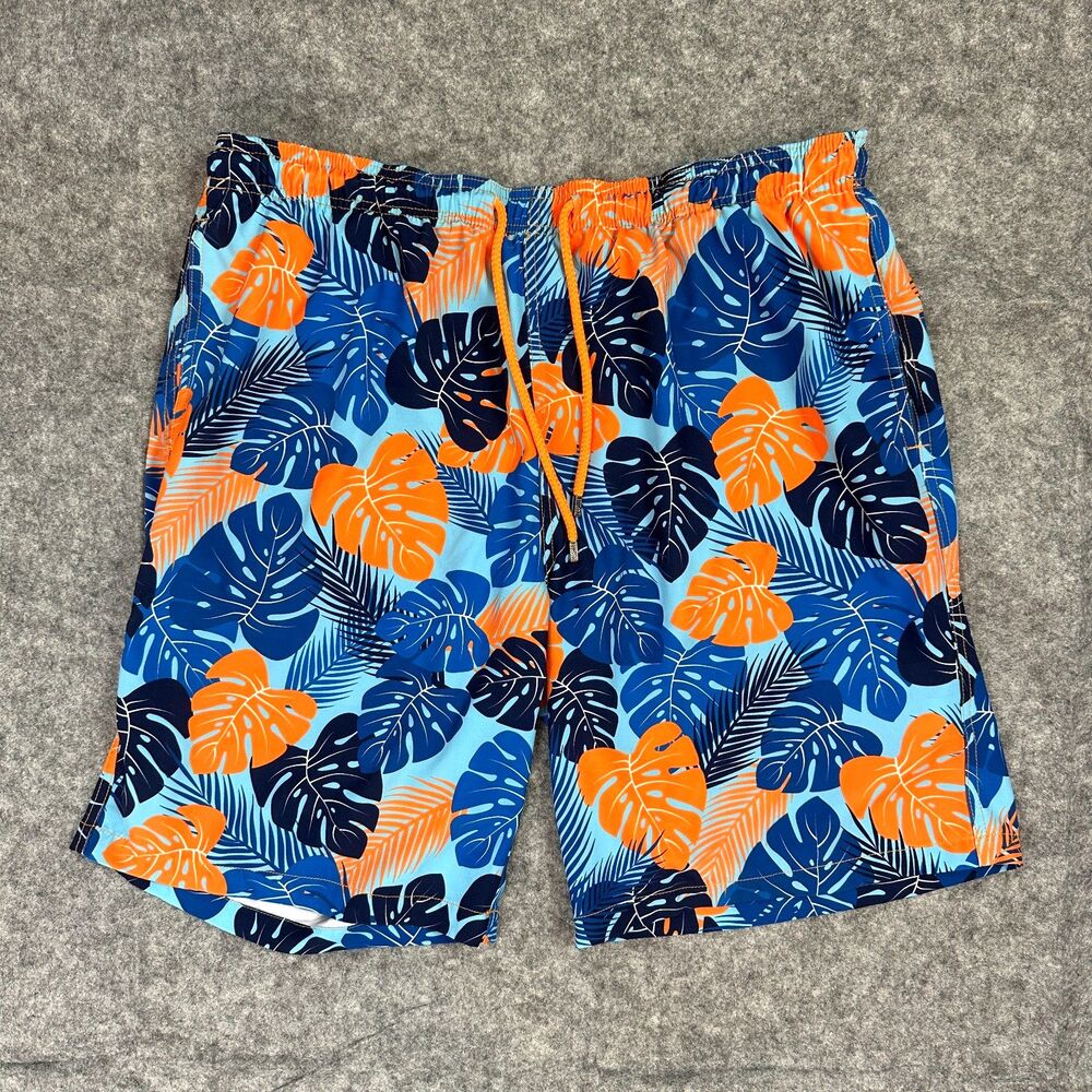 Capelle Mens 2XL Swim Trunks Tropical Monstera Leaf Print Board Shorts Blue